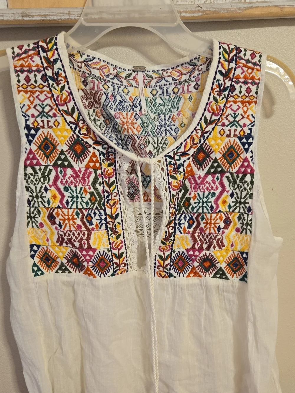 Free People Print Lohri Embroidered White Tie-Front Camisole Top Boho Sz M